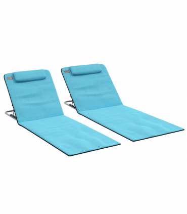 Outsunny 2 Pieces Outdoor Beach Mat Steel Reclining Chair Set Light Blue