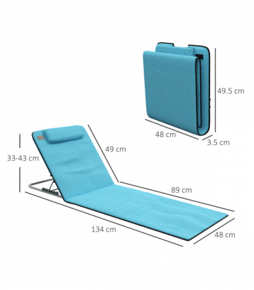 Outsunny 2 Pieces Outdoor Beach Mat Steel Reclining Chair Set Light Blue