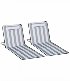 Outsunny 2 Pieces Outdoor Beach Mat Steel Reclining Chair Set w/ Pillow Grey