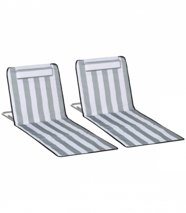 Outsunny 2 Pieces Outdoor Beach Mat Steel Reclining Chair Set w/ Pillow Grey
