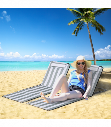 Outsunny 2 Pieces Outdoor Beach Mat Steel Reclining Chair Set w/ Pillow Grey