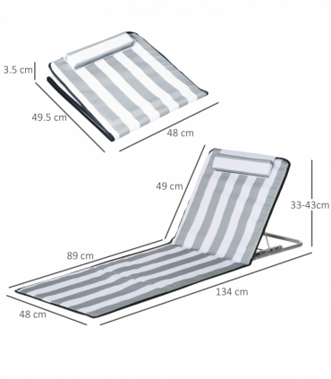 Outsunny 2 Pieces Outdoor Beach Mat Steel Reclining Chair Set w/ Pillow Grey