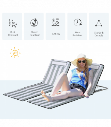 Outsunny 2 Pieces Outdoor Beach Mat Steel Reclining Chair Set w/ Pillow Grey