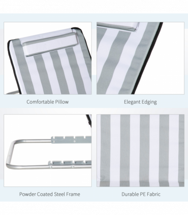 Outsunny 2 Pieces Outdoor Beach Mat Steel Reclining Chair Set w/ Pillow Grey