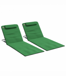 Outsunny 2 Pieces Outdoor Beach Mat Steel Reclining Chair Set with Pillow Green
