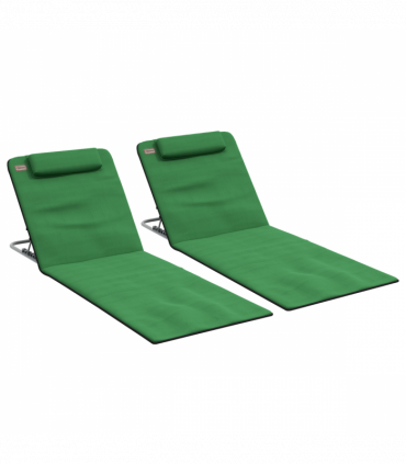 Outsunny 2 Pieces Outdoor Beach Mat Steel Reclining Chair Set with Pillow Green