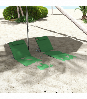 Outsunny 2 Pieces Outdoor Beach Mat Steel Reclining Chair Set with Pillow Green