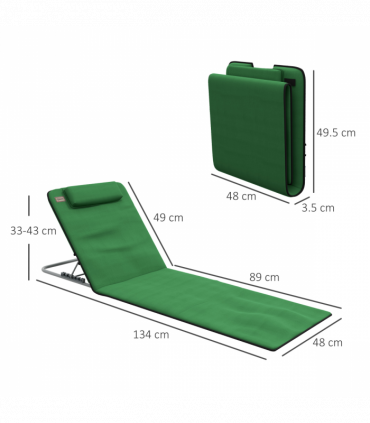 Outsunny 2 Pieces Outdoor Beach Mat Steel Reclining Chair Set with Pillow Green