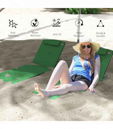 Outsunny 2 Pieces Outdoor Beach Mat Steel Reclining Chair Set with Pillow Green