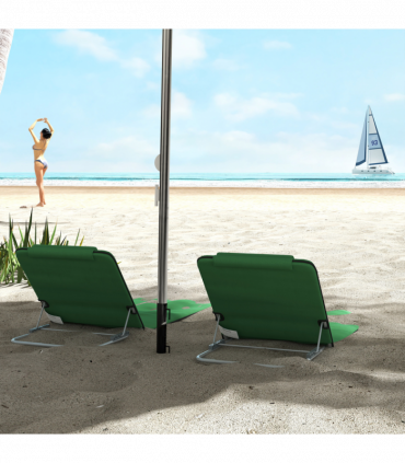 Outsunny 2 Pieces Outdoor Beach Mat Steel Reclining Chair Set with Pillow Green