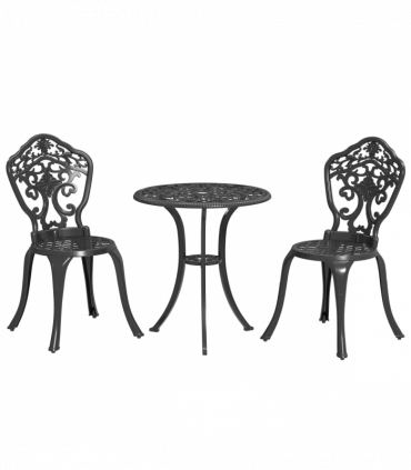 Outsunny 3 PCs Cast Aluminium Bistro Set w/ Parasol Hole for Balcony, Black