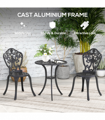 Outsunny 3 PCs Cast Aluminium Bistro Set w/ Parasol Hole for Balcony, Black