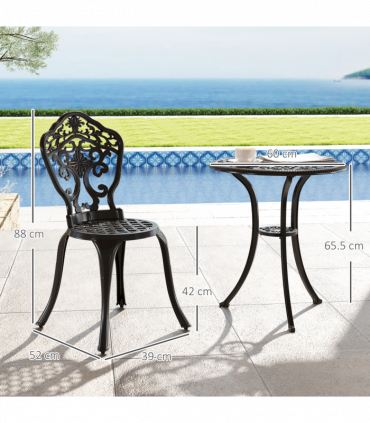 Outsunny 3 PCs Cast Aluminium Bistro Set w/ Parasol Hole for Balcony, Black