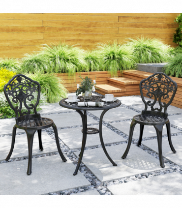 Outsunny 3 PCs Cast Aluminium Bistro Set w/ Parasol Hole for Balcony, Black