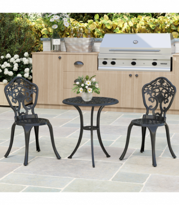 Outsunny 3 PCs Cast Aluminium Bistro Set w/ Parasol Hole for Balcony, Black