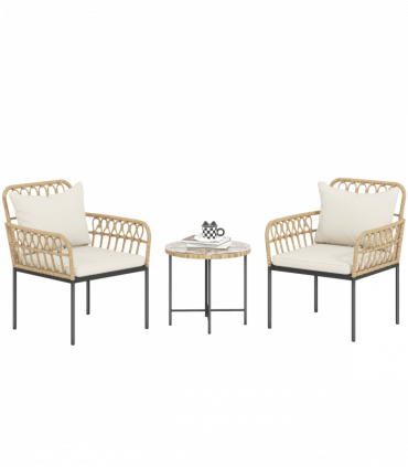 Outsunny 3 Piece Rattan Bistro Set, Balcony Table and Chairs with Cushions