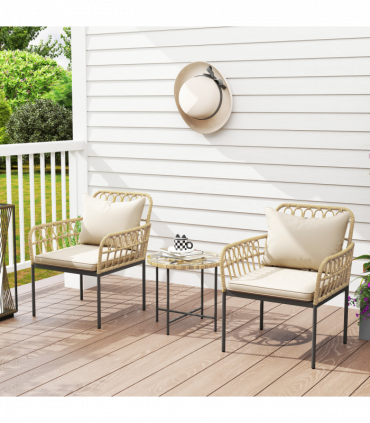Outsunny 3 Piece Rattan Bistro Set, Balcony Table and Chairs with Cushions