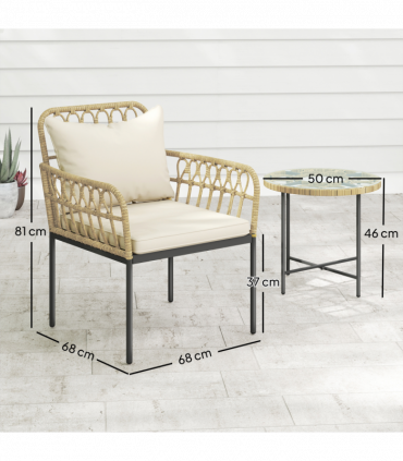 Outsunny 3 Piece Rattan Bistro Set, Balcony Table and Chairs with Cushions