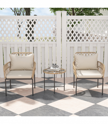 Outsunny 3 Piece Rattan Bistro Set, Balcony Table and Chairs with Cushions