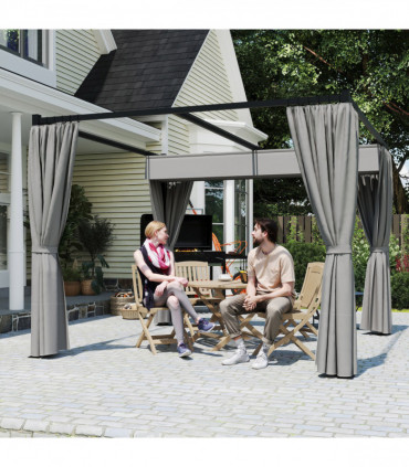 Outsunny 3 x 3(m) Pergola with Retractable Roof and Curtains, Light Grey