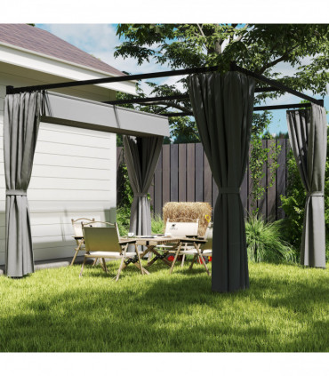 Outsunny 3 x 3(m) Pergola with Retractable Roof and Curtains, Light Grey