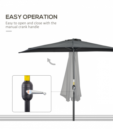 Outsunny 3(m) Half Round Parasol Garden Sun Umbrella Metal w/ Crank Black