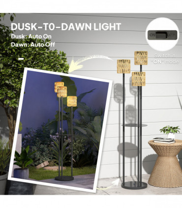 Outsunny 3-Light Solar Rattan Floor Lamp with Shelf, Auto On/Off, Yellow