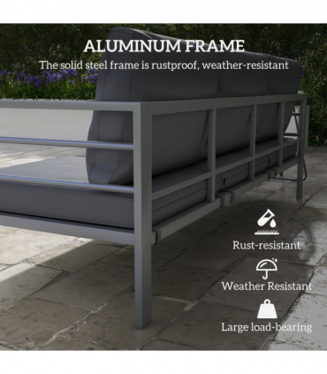 Outsunny 3-Seater Aluminium Garden Bench w/ Cushions, Backrest & Armrest, Grey