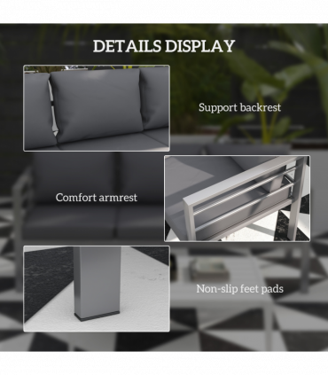 Outsunny 3-Seater Aluminium Garden Bench w/ Cushions, Backrest & Armrest, Grey