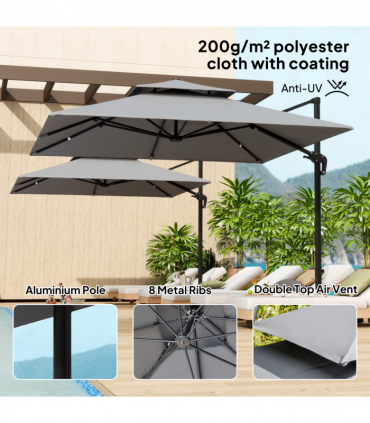Outsunny 360° Cantilever Parasol Roma Umbrella w/ Base Weights, Light Grey