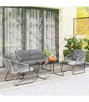 Outsunny 4 Piece Rattan Garden Furniture Set with Cushions, Grey