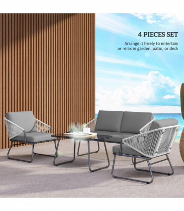 Outsunny 4 Piece Rattan Garden Furniture Set with Cushions, Grey