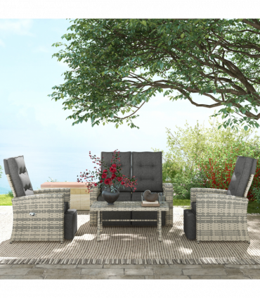 Outsunny 4 Piece Rattan Garden Furniture Set with Sofa, Glass Table, Light Grey