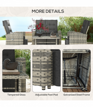 Outsunny 4 Piece Rattan Garden Furniture Set with Sofa, Glass Table, Light Grey