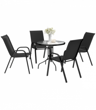 Outsunny 5 PCs Garden Furniture Set, Round Table and Stackable Chairs, Black