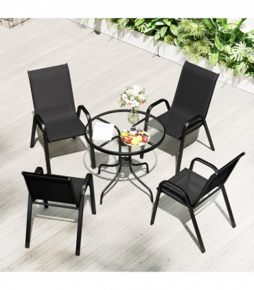 Outsunny 5 PCs Garden Furniture Set, Round Table and Stackable Chairs, Black