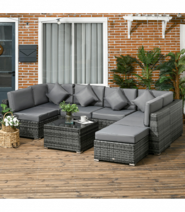 Outsunny 8 Pieces Patio Rattan Sofa Set Garden Furniture Set for Outdoor Grey