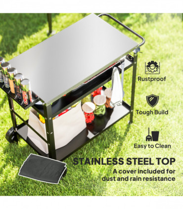 Outsunny BBQ Trolley with Stainless Steel Top, Movable Pizza Table, Black