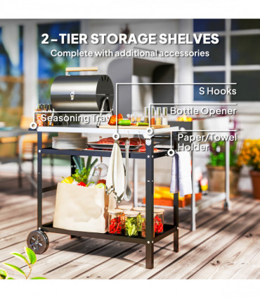 Outsunny BBQ Trolley with Stainless Steel Top, Movable Pizza Table, Black