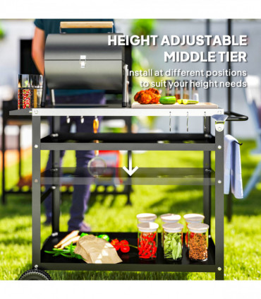 Outsunny BBQ Trolley with Stainless Steel Top, Movable Pizza Table, Black