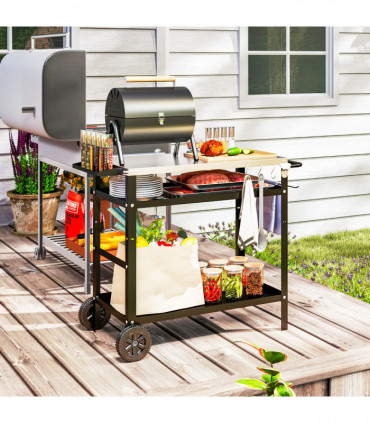 Outsunny BBQ Trolley with Stainless Steel Top, Movable Pizza Table, Black