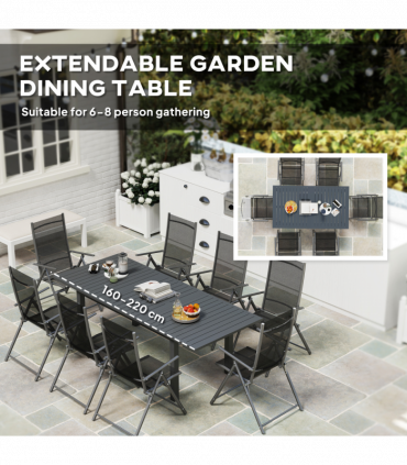 Outsunny Extending Garden Table with Slatted Top, 160/220 x 90 x 73 cm, Grey