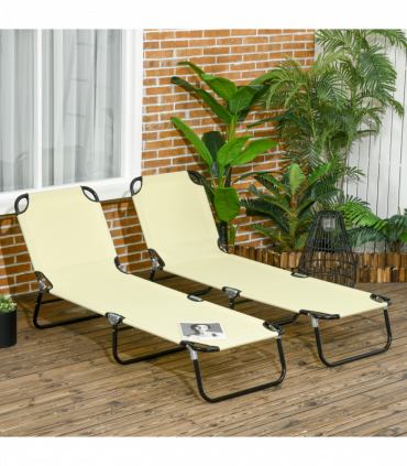 Outsunny Folding Sun Loungers Set of 2 with Adjustable Backrest, Beige