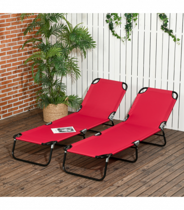 Outsunny Folding Sun Loungers Set of 2 with Adjustable Backrest, Wine Red