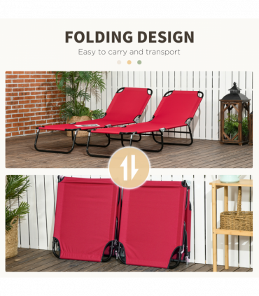 Outsunny Folding Sun Loungers Set of 2 with Adjustable Backrest, Wine Red