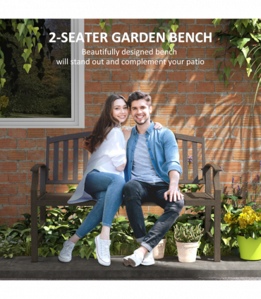 Outsunny Garden Bench with Slatted Seat and Backrest, Curved Armrest, Brown