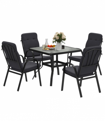Outsunny Garden Dining Set, Glass Table w/ Umbrella Hole Black