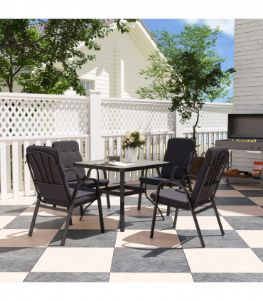 Outsunny Garden Dining Set, Glass Table w/ Umbrella Hole Black