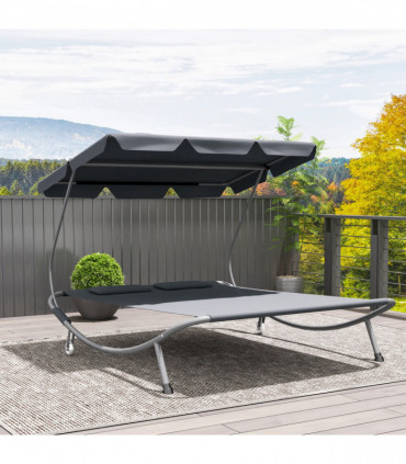 Outsunny Garden Double Hammock Sun Lounger Day Bed Canopy w/ 2 Pillows