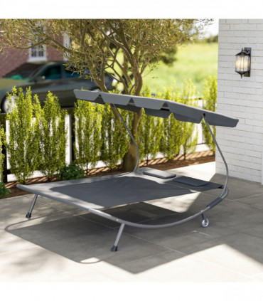 Outsunny Garden Double Hammock Sun Lounger Day Bed Canopy w/ 2 Pillows